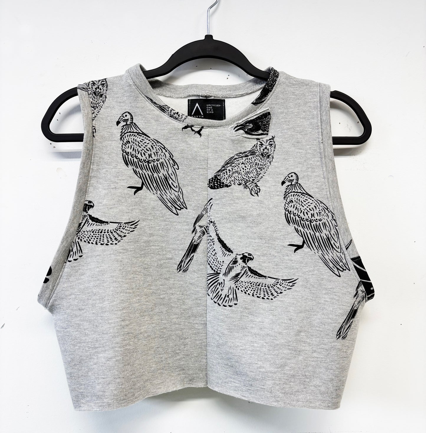 Grey Fleece Zen Crop Racer Tank Top - Birds - Hand Printed - One of a Kind - Apparel