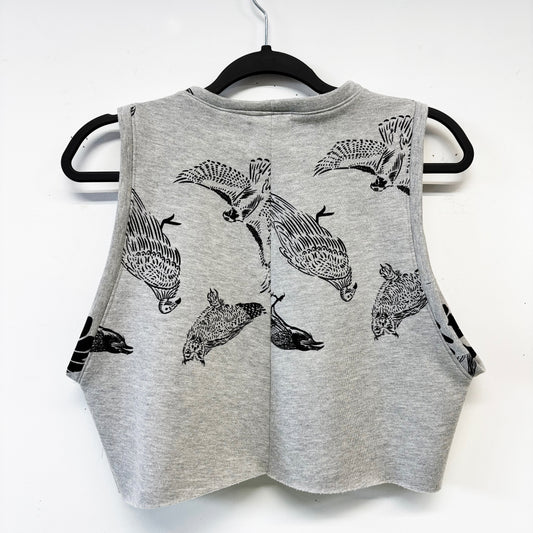 Grey Fleece Zen Crop Racer Tank Top - Birds - Hand Printed - One of a Kind - Apparel