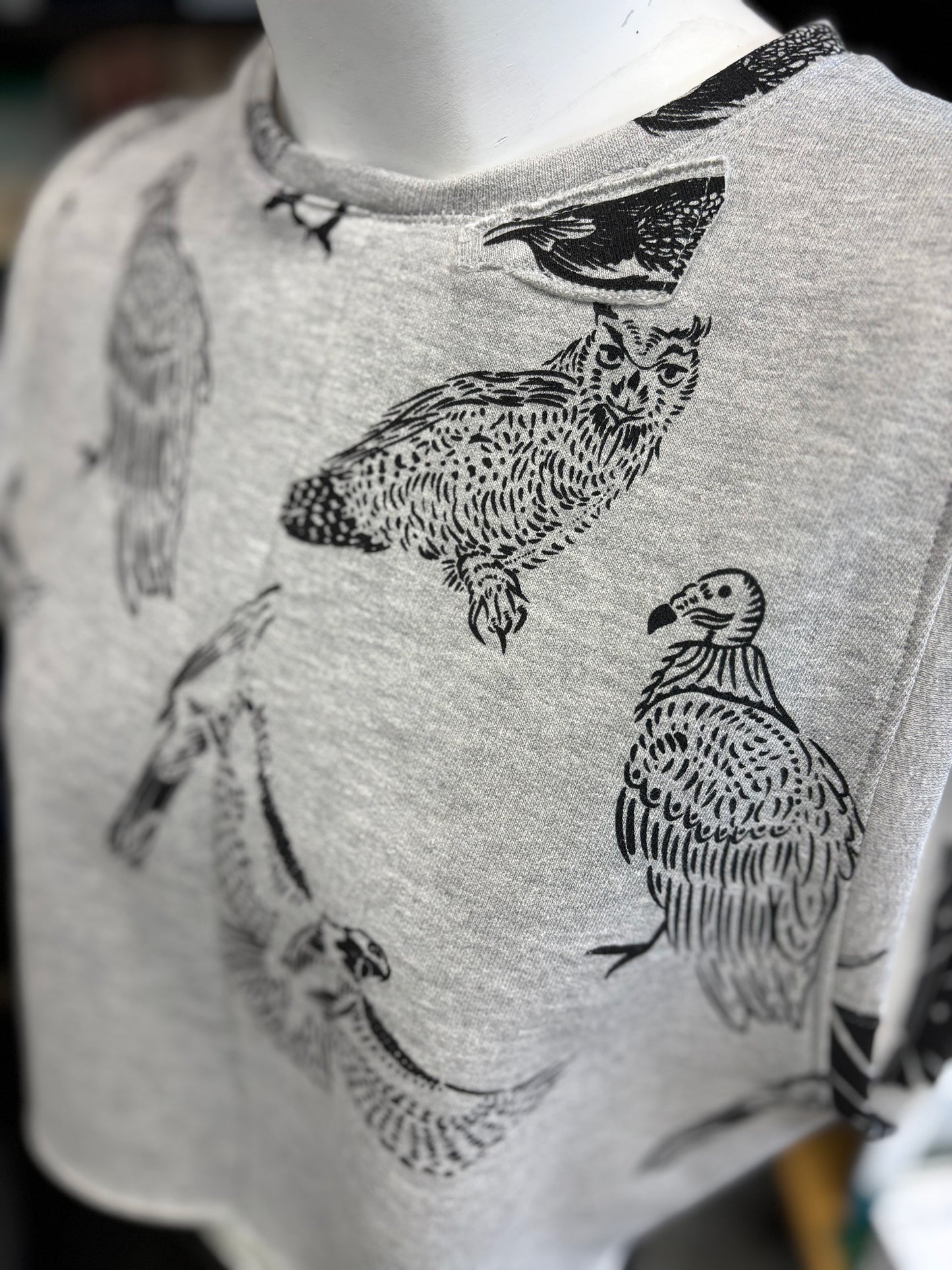 Grey Fleece Zen Crop Racer Tank Top - Birds - Hand Printed - One of a Kind - Apparel