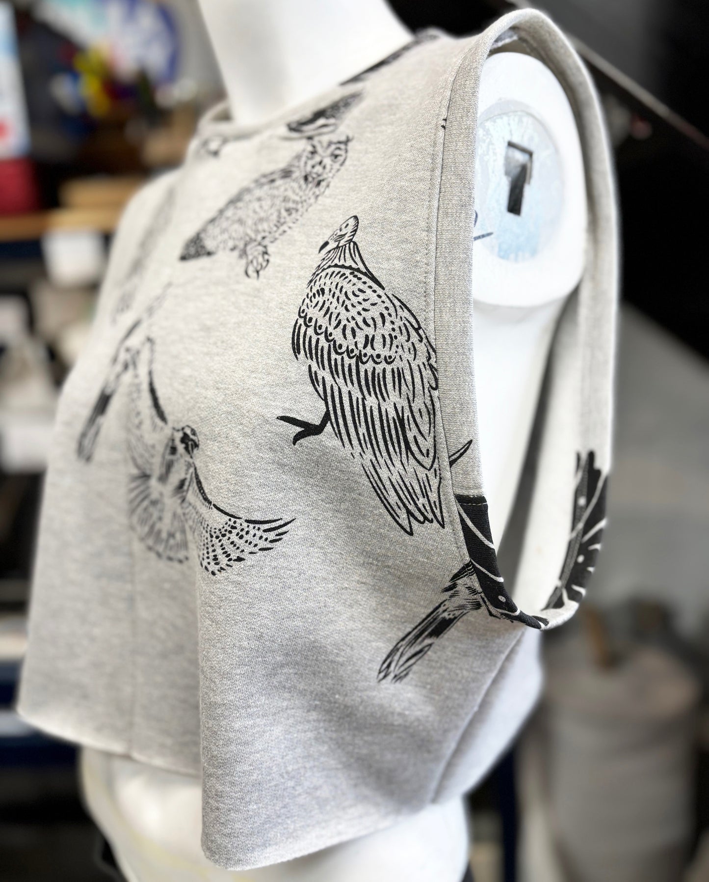 Grey Fleece Zen Crop Racer Tank Top - Birds - Hand Printed - One of a Kind - Apparel
