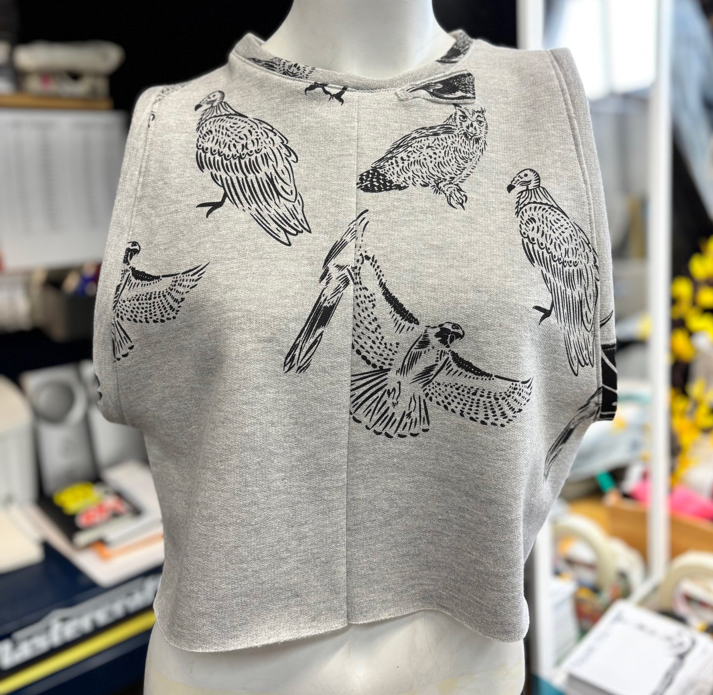 Grey Fleece Zen Crop Racer Tank Top - Birds - Hand Printed - One of a Kind - Apparel