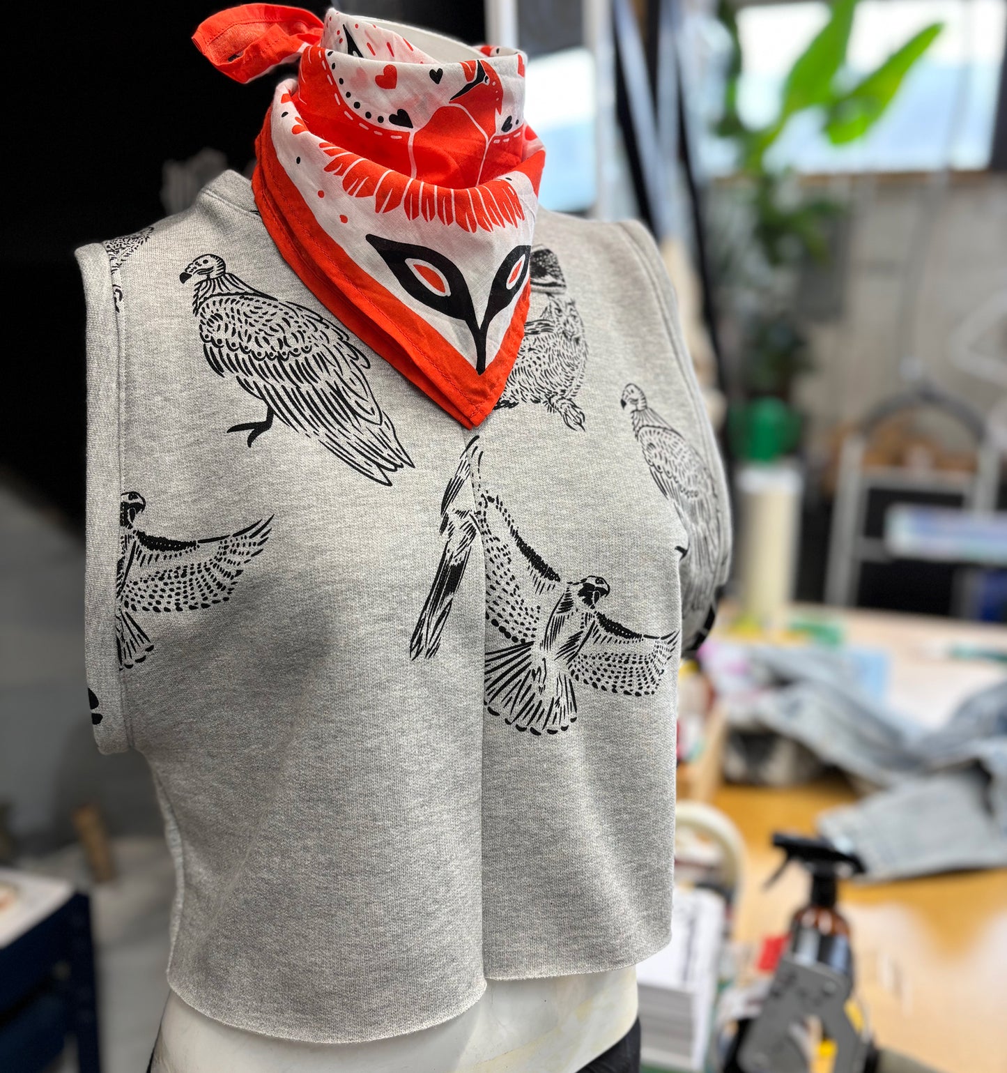 Grey Fleece Zen Crop Racer Tank Top - Birds - Hand Printed - One of a Kind - Apparel