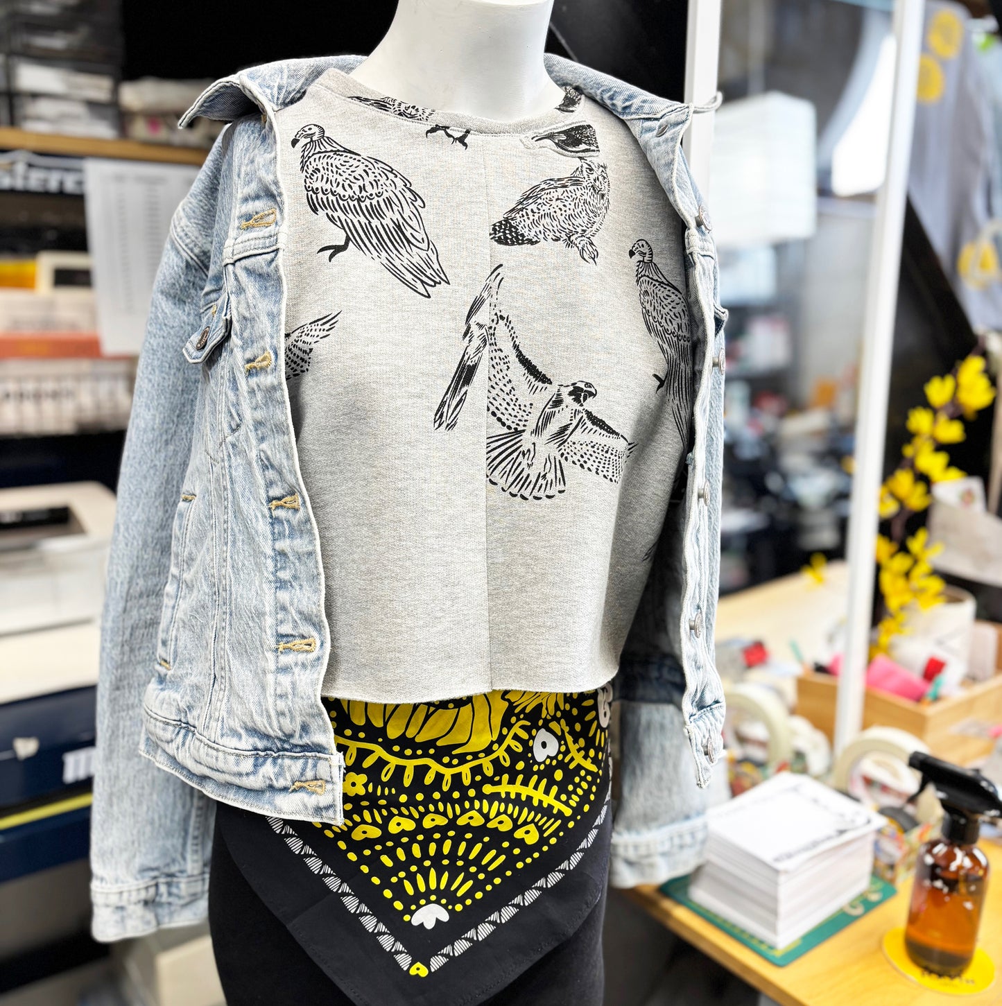 Grey Fleece Zen Crop Racer Tank Top - Birds - Hand Printed - One of a Kind - Apparel