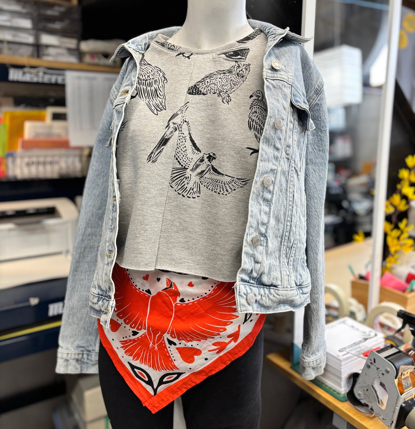Grey Fleece Zen Crop Racer Tank Top - Birds - Hand Printed - One of a Kind - Apparel