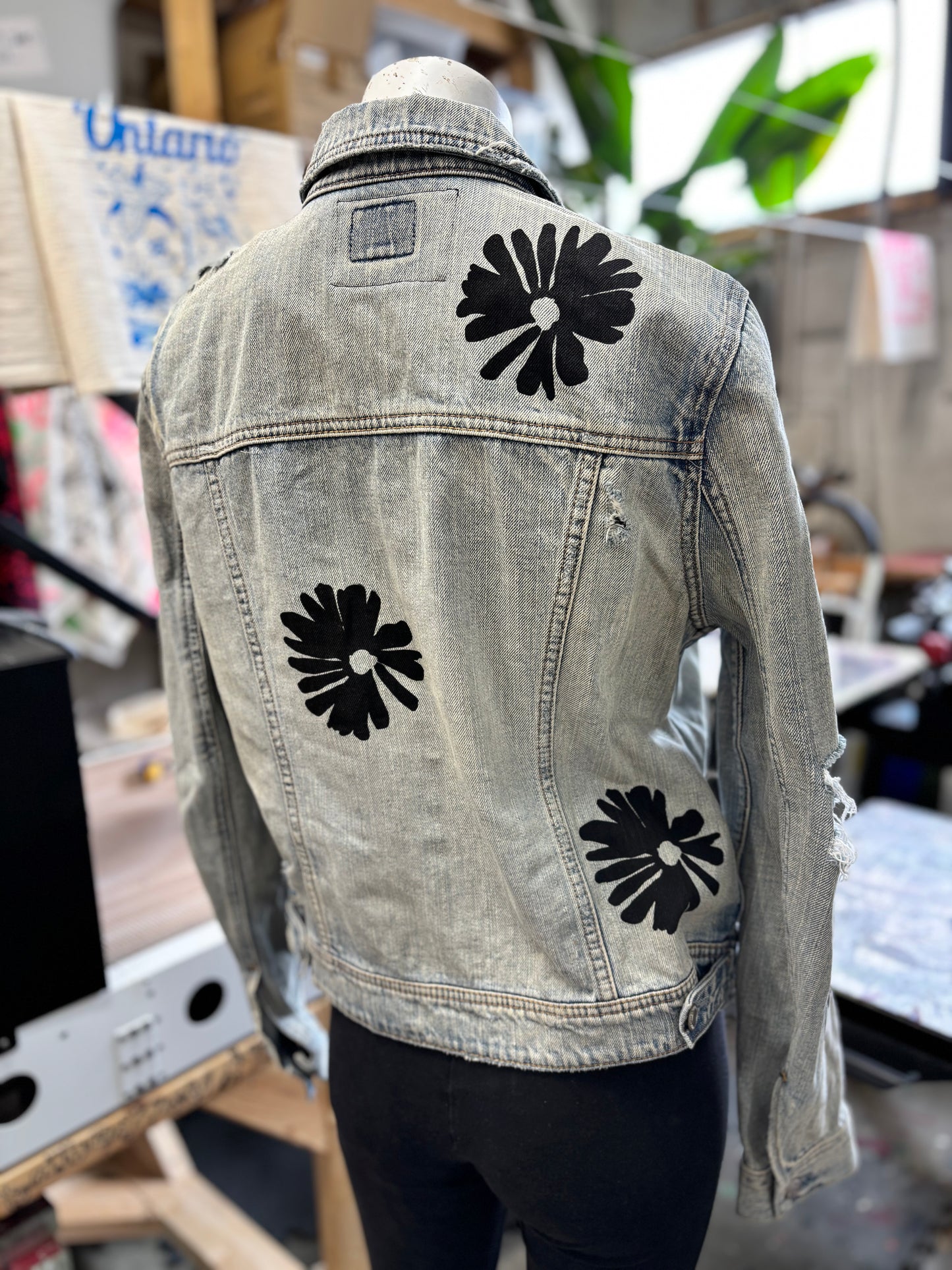 One of a Kind Upcycled Denim Jacket with Hand Printed Flowers