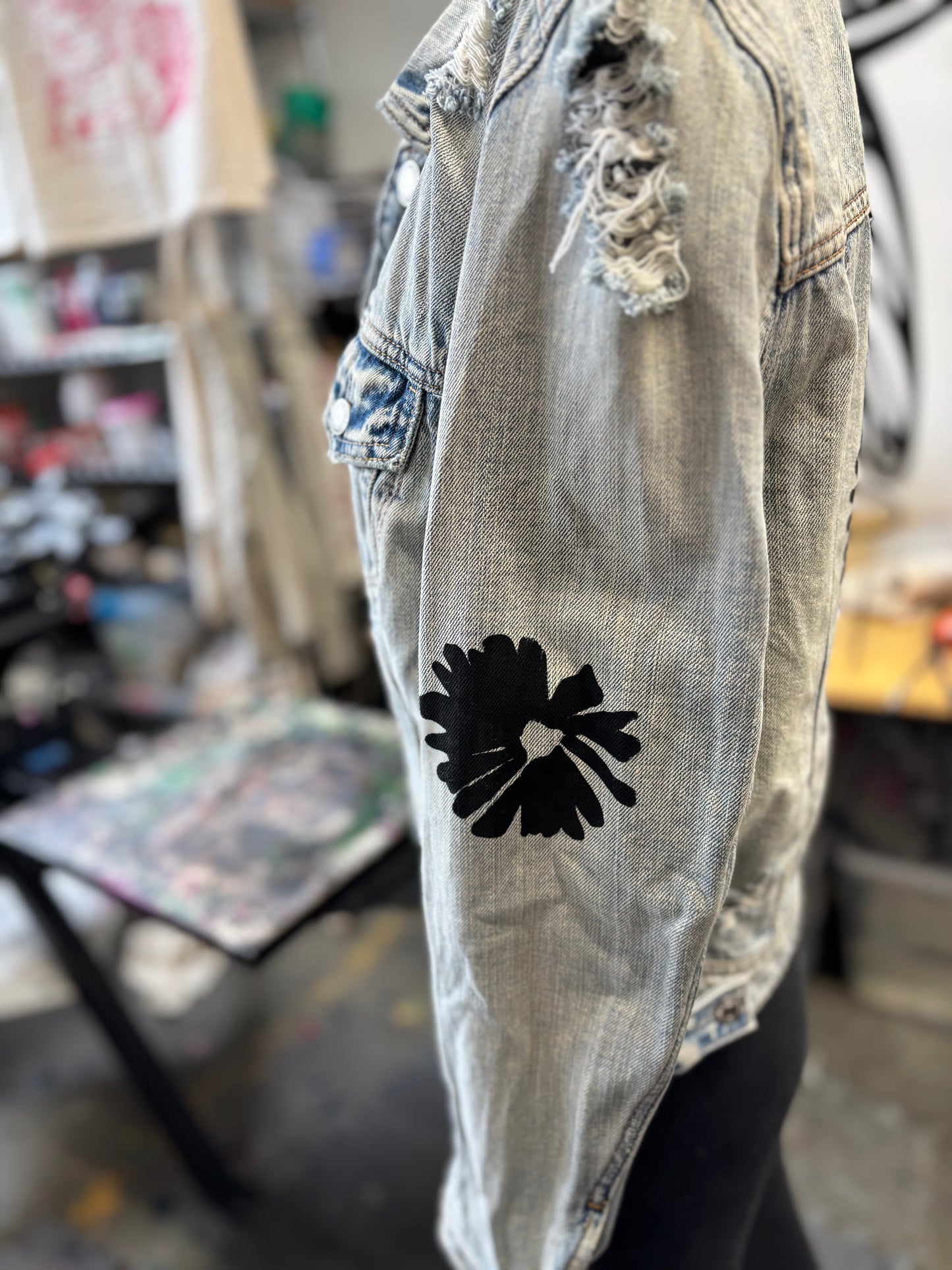 One of a Kind Upcycled Denim Jacket with Hand Printed Flowers