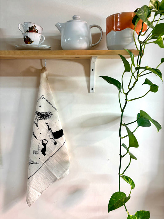 Hand Printed Tea Towel | Organic Cotton Floursack | Canada Birds | Large Kitchen Towel | Eco Screen Printed