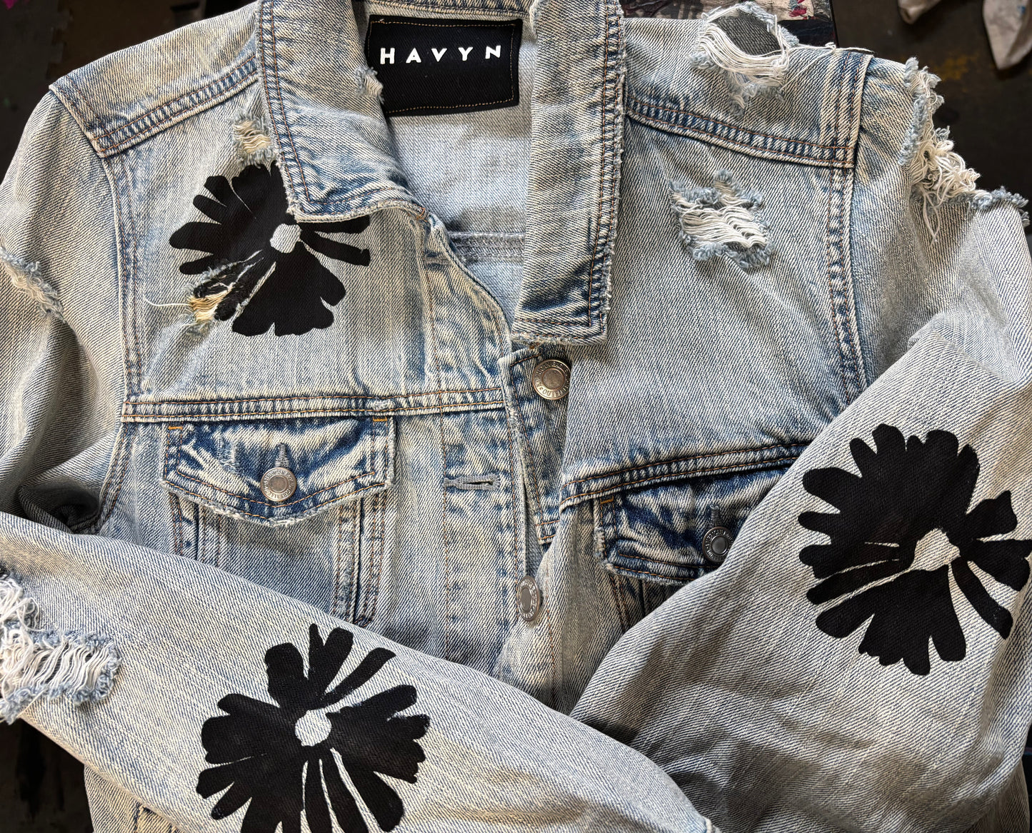 One of a Kind Upcycled Denim Jacket with Hand Printed Flowers