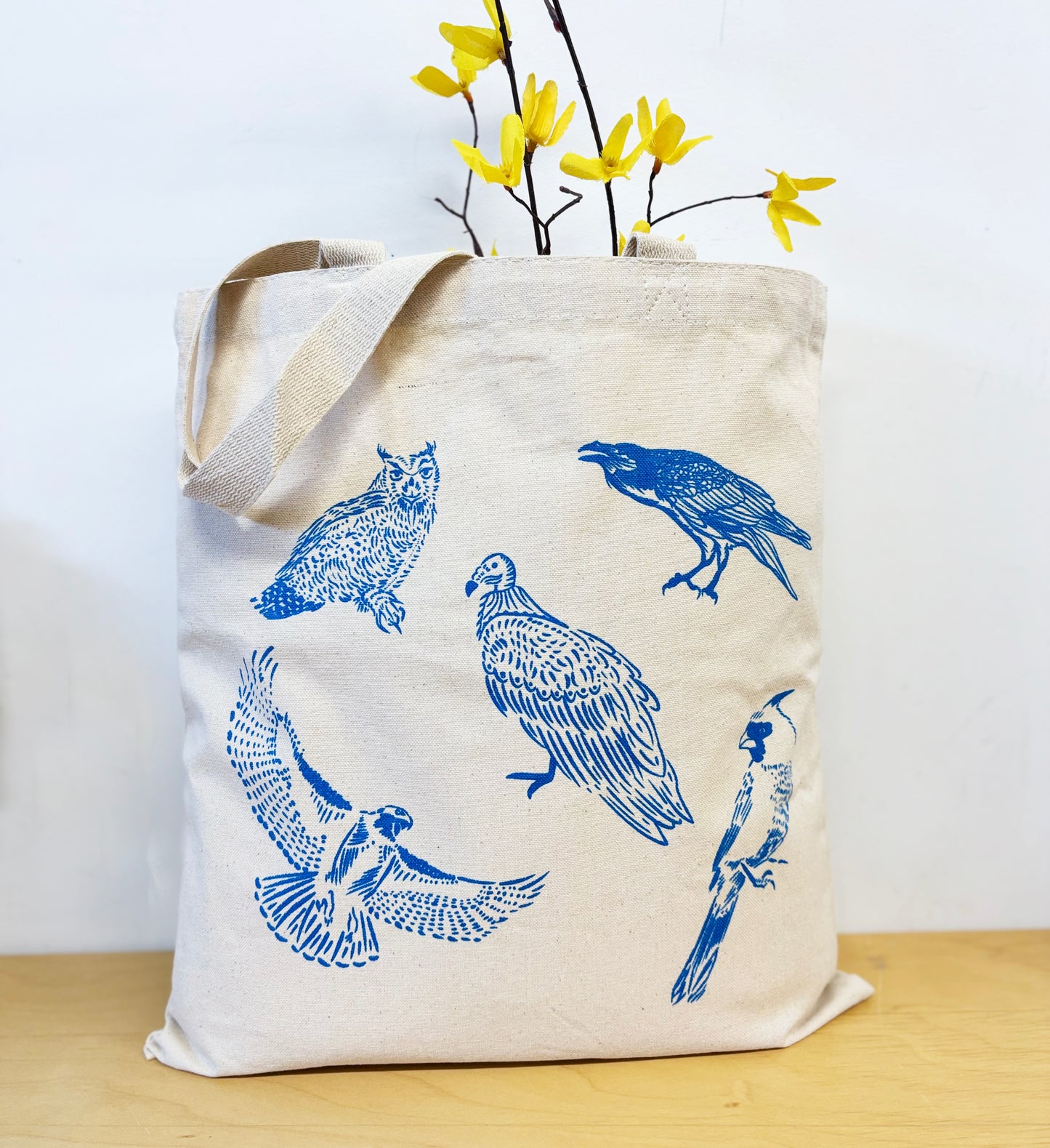 Birds Cotton Tote Blue Hand Printed Every Day- Owl, Raven, Vulture, Cardinal, Hawk