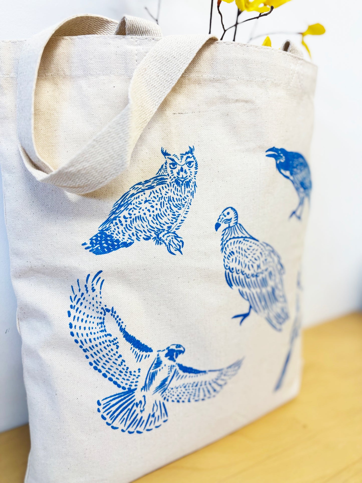 Birds Cotton Tote Blue Hand Printed Every Day- Owl, Raven, Vulture, Cardinal, Hawk