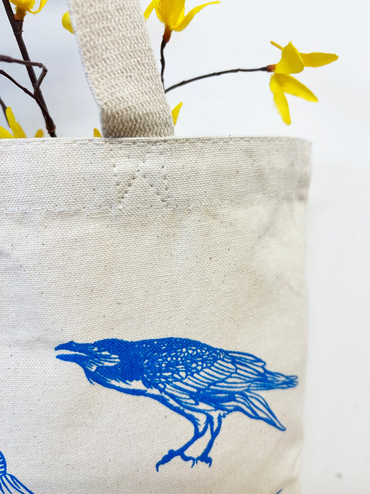 Birds Cotton Tote Blue Hand Printed Every Day- Owl, Raven, Vulture, Cardinal, Hawk