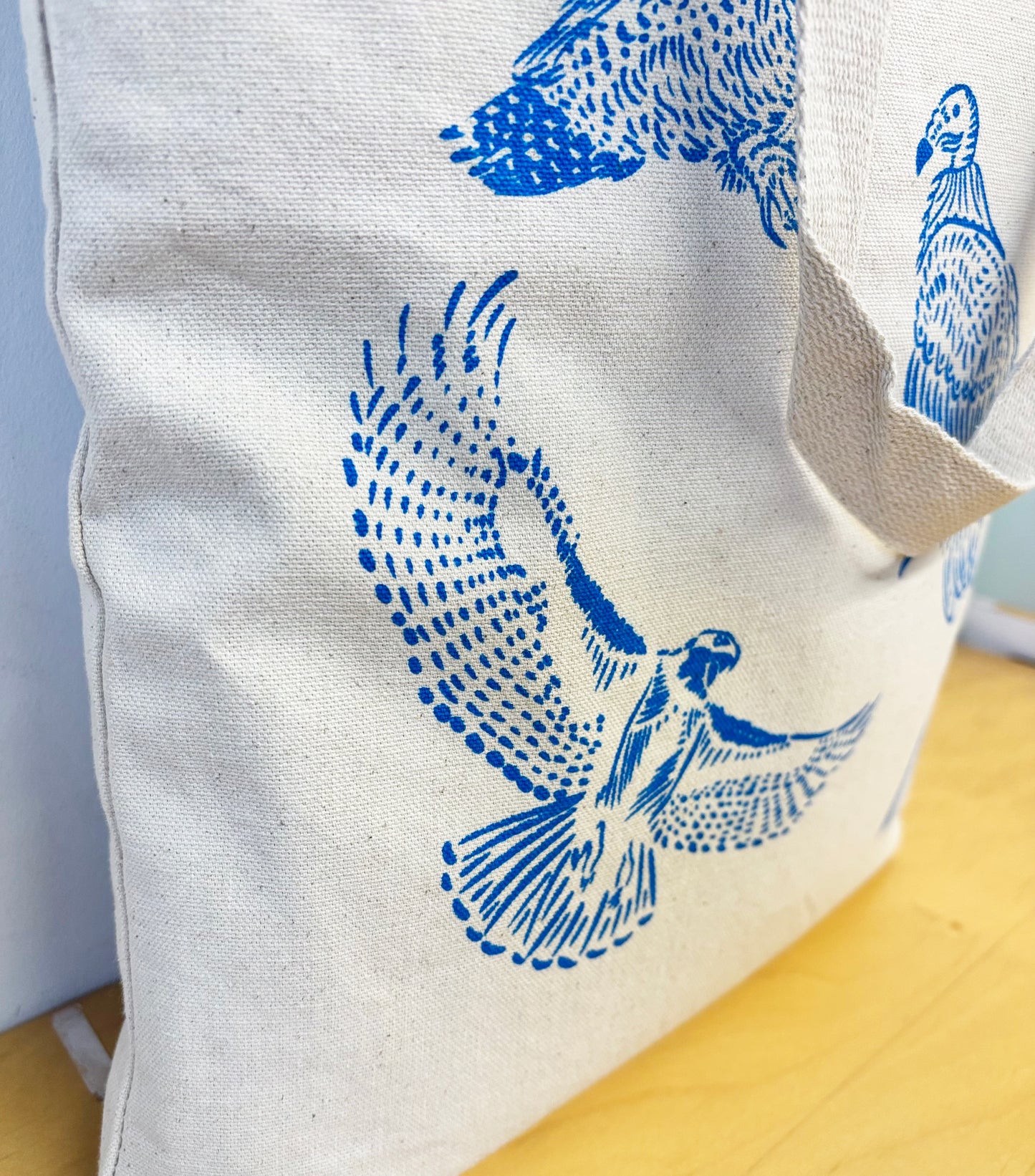 Birds Cotton Tote Blue Hand Printed Every Day- Owl, Raven, Vulture, Cardinal, Hawk
