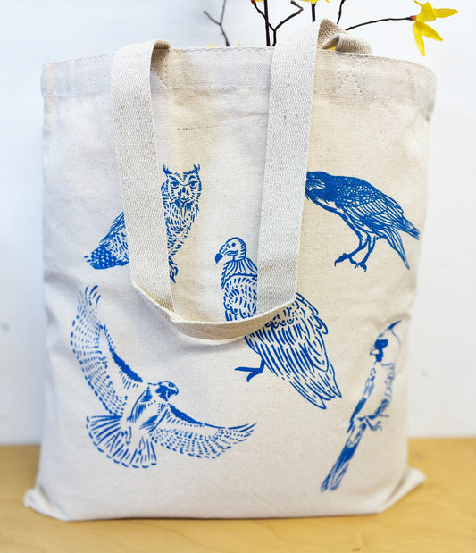 Birds Cotton Tote Blue Hand Printed Every Day- Owl, Raven, Vulture, Cardinal, Hawk