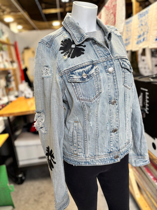 One of a Kind Upcycled Denim Jacket with Hand Printed Flowers
