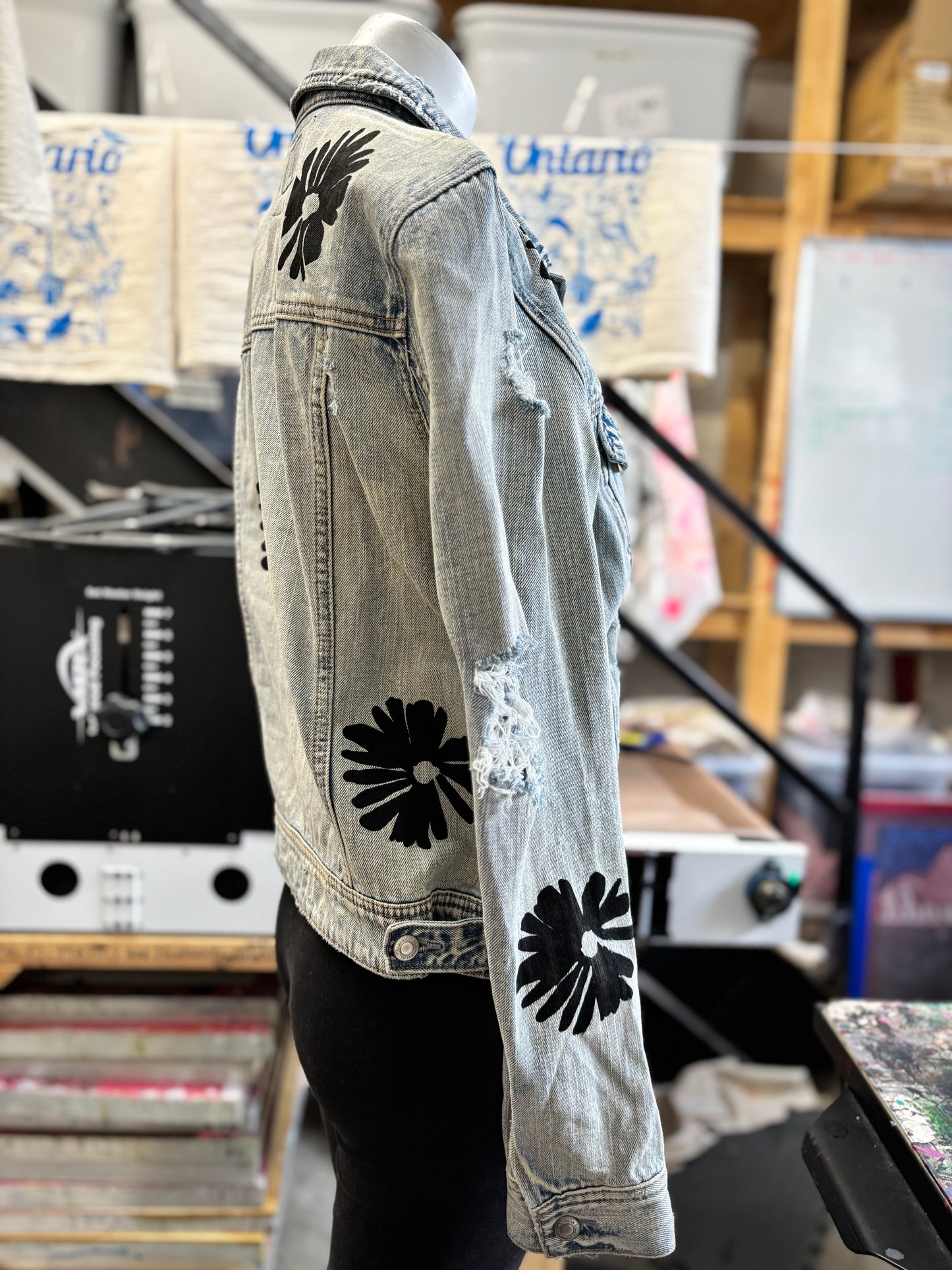One of a Kind Upcycled Denim Jacket with Hand Printed Flowers