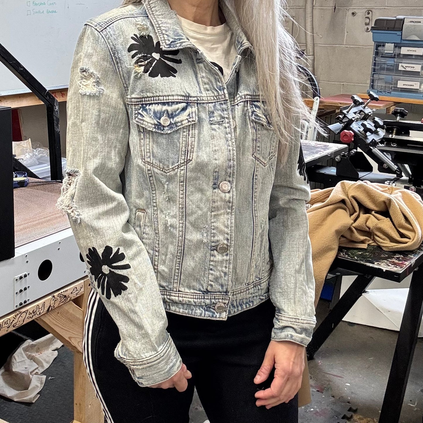 One of a Kind Upcycled Denim Jacket with Hand Printed Flowers
