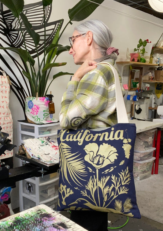 One of a Kind Tote Bag | Hand Made and Printed | California gold, blue, grey interior