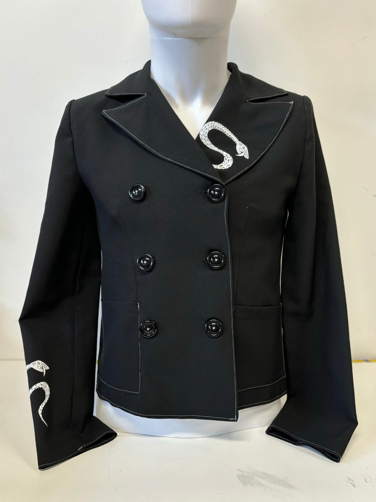 One of a Kind Hand Printed Snakes and Stitches Women's Suit Jacket