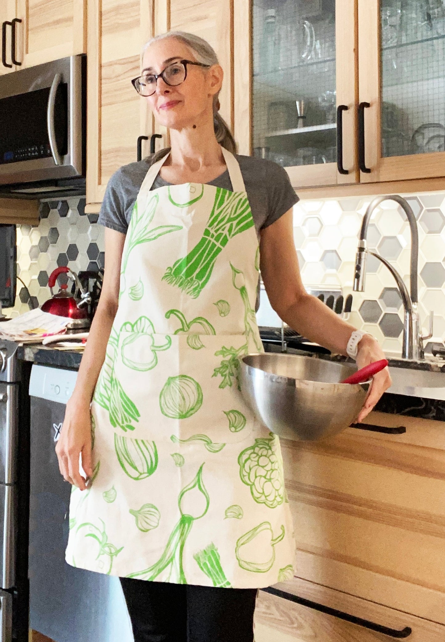 Unisex Apron - Large Veggies Pattern - Natural Cotton Canvas