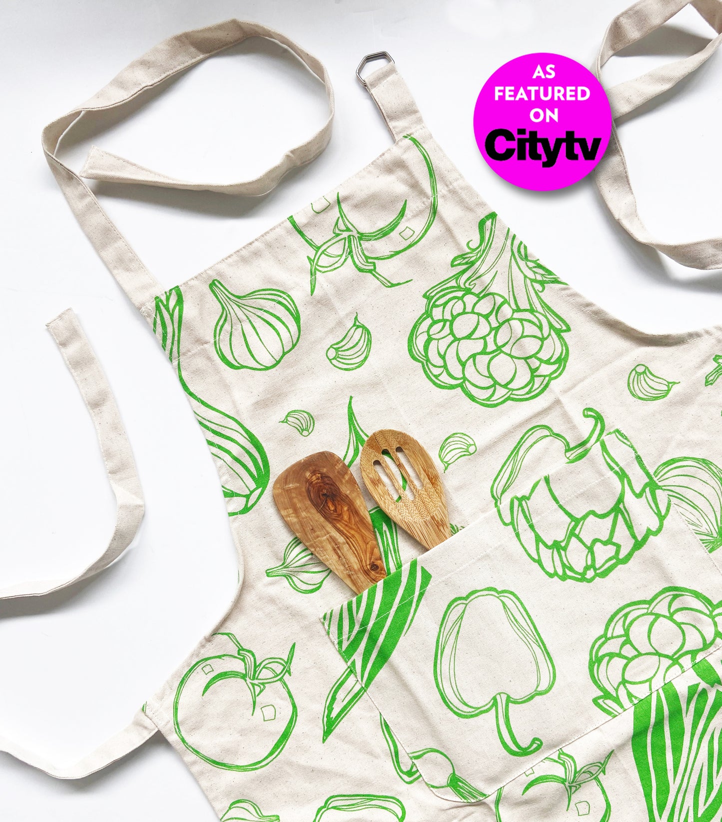 Unisex Apron - Large Veggies Pattern - Natural Cotton Canvas