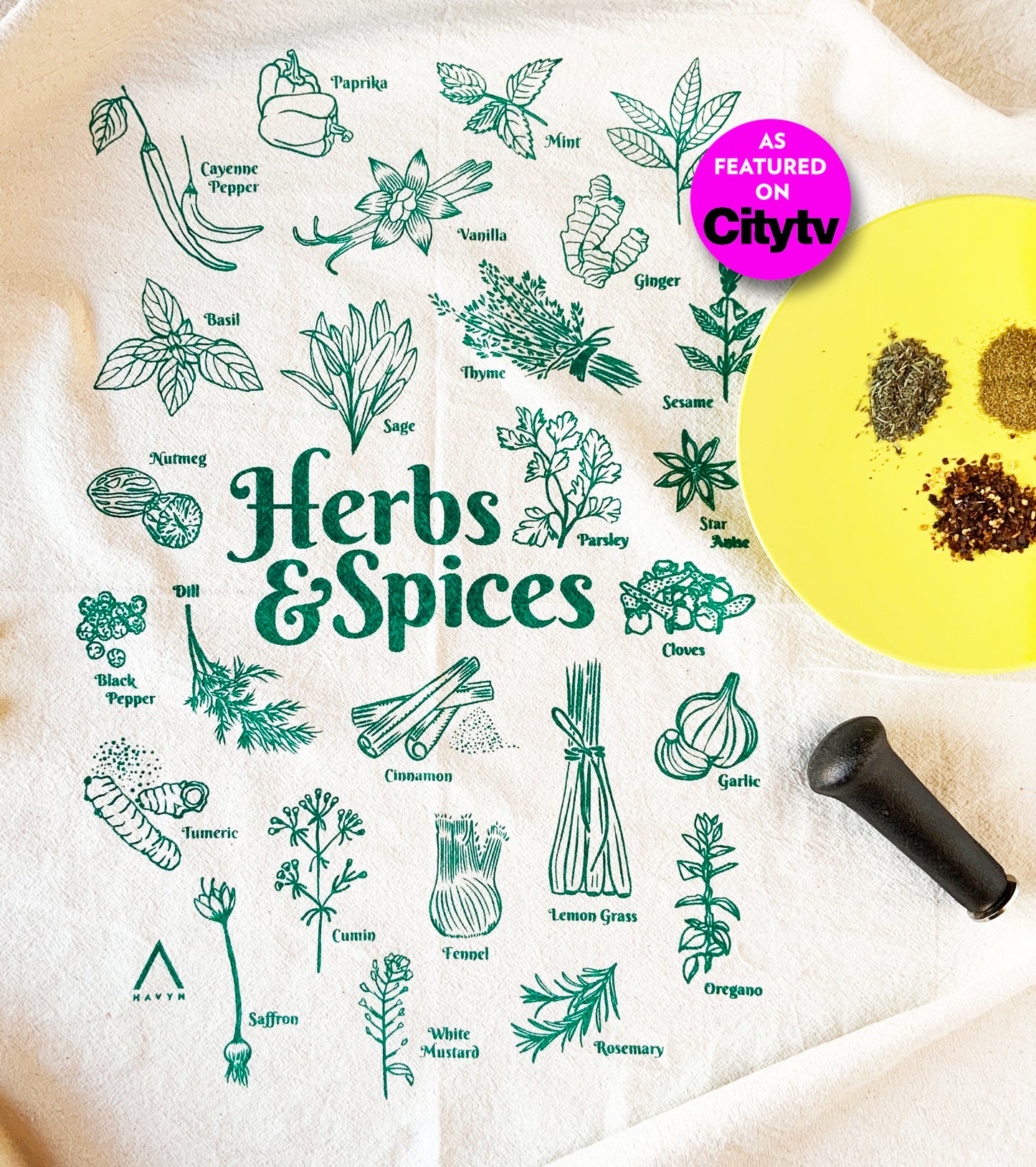 Herbs and Spices Hand Printed Organic Tea Towel