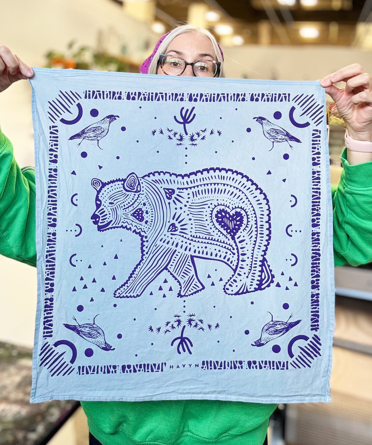 Bear Bandana Blue and Purple | 100% Cotton | Hand Screen Printed | 20 inches