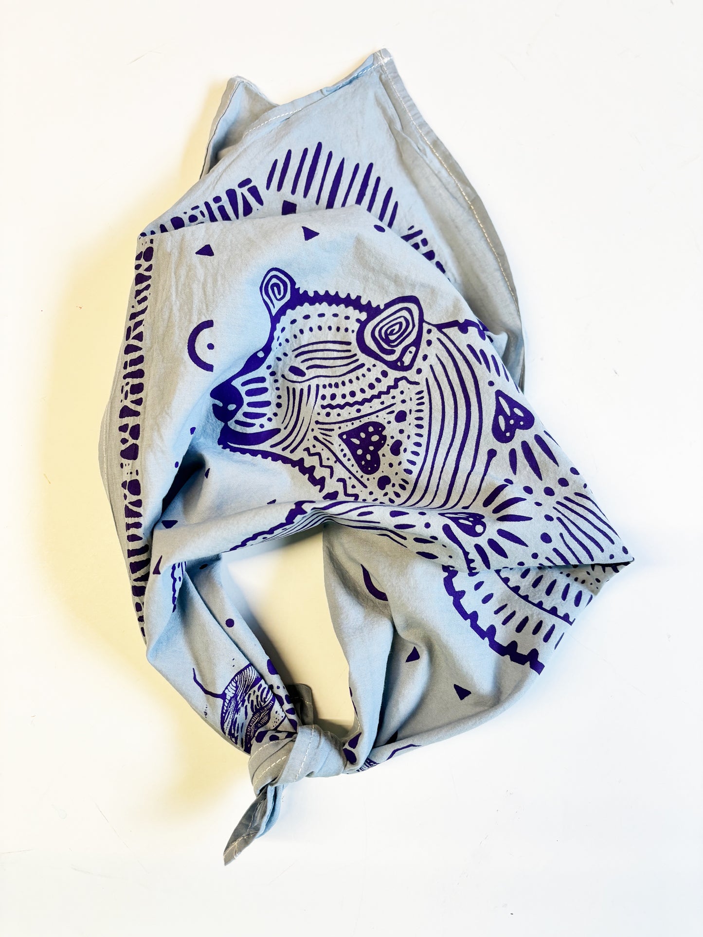 Bear Bandana Blue and Purple | 100% Cotton | Hand Screen Printed | 20 inches