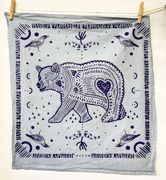 Bear Bandana Blue and Purple | 100% Cotton | Hand Screen Printed | 20 inches