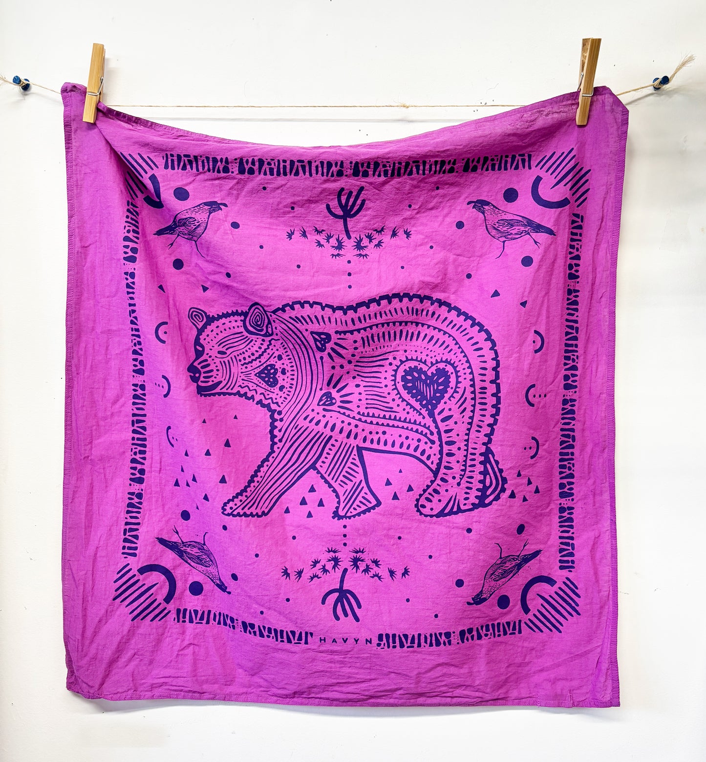 Bear Bandana Pink and Purple | 100% Cotton | Hand Screen Printed | 22 inches