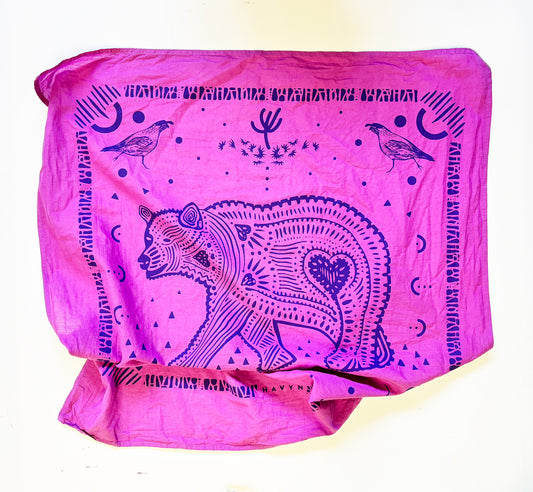 Bear Bandana Pink and Purple | 100% Cotton | Hand Screen Printed | 22 inches
