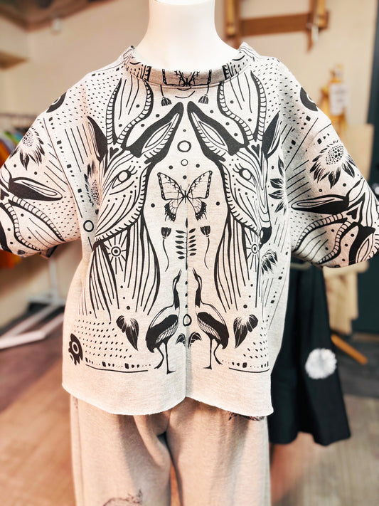 Grey Fleece Short Sleeve Sweatshirt - Antelopes - Hand Printed - One of a Kind - Apparel