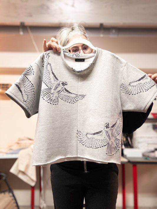 Grey Fleece Short Sleeve Sweatshirt - Hawks - Hand Printed - One of a Kind - Apparel