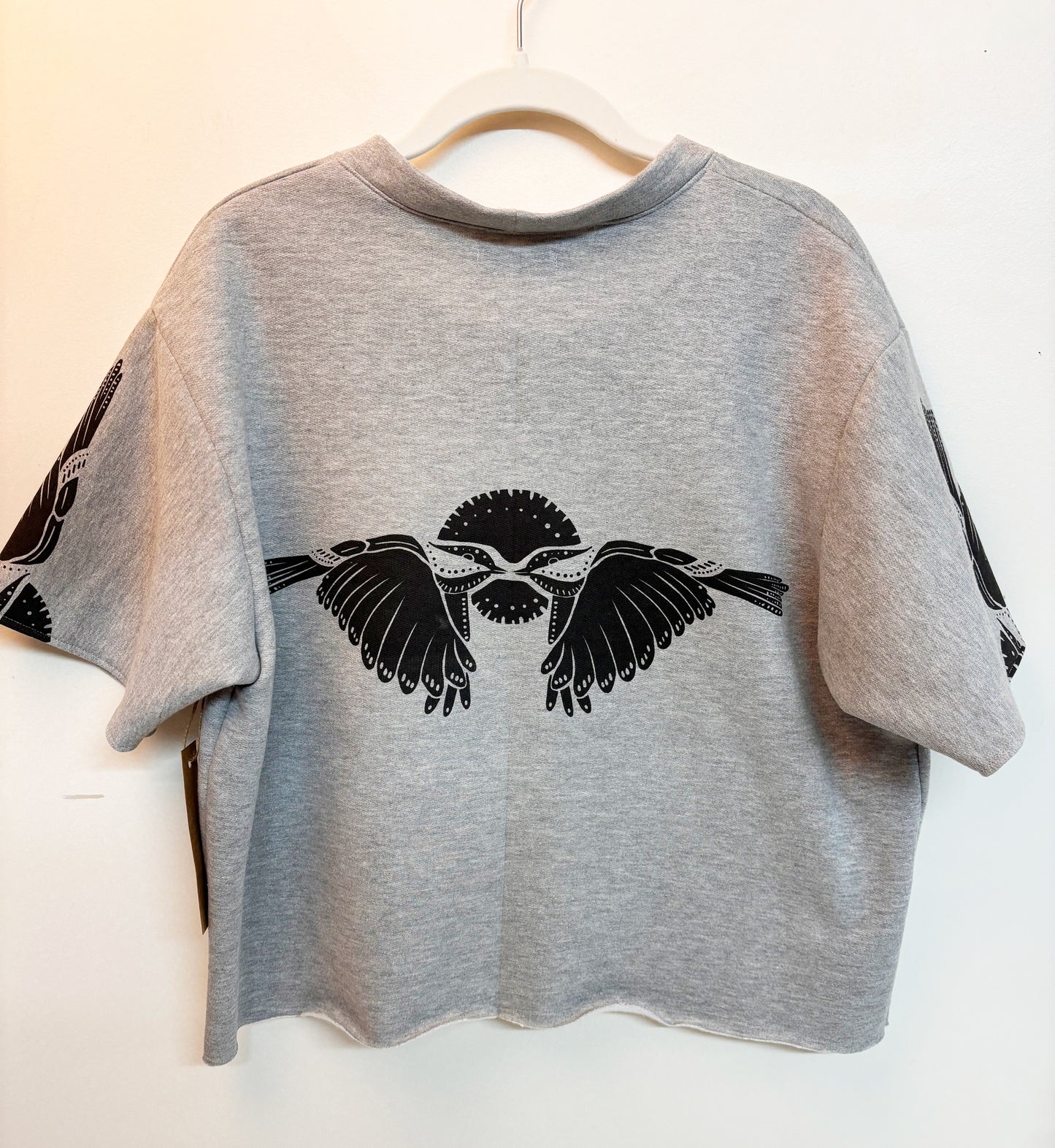Grey Fleece Short Sleeve Sweatshirt - 2 Birds - Hand Printed - One of a Kind - Apparel