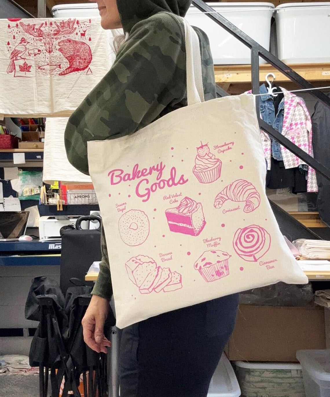 Bakery Goods Fun Pink Hand Printed Every Day Cotton Tote
