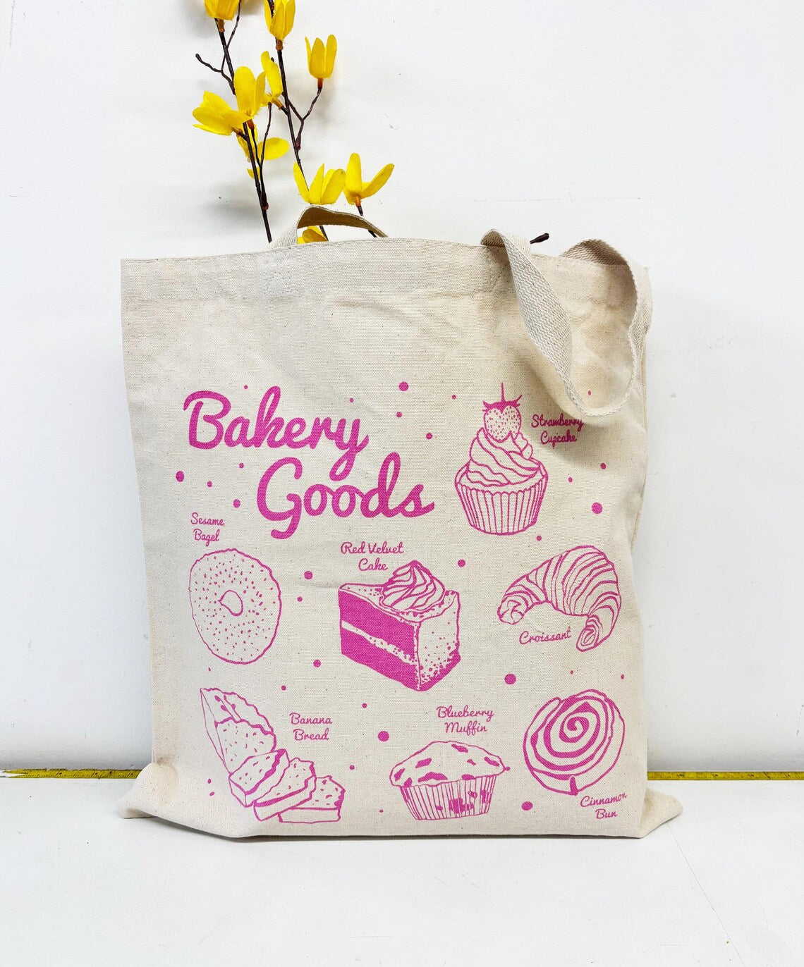 Bakery Goods Fun Pink Hand Printed Every Day Cotton Tote