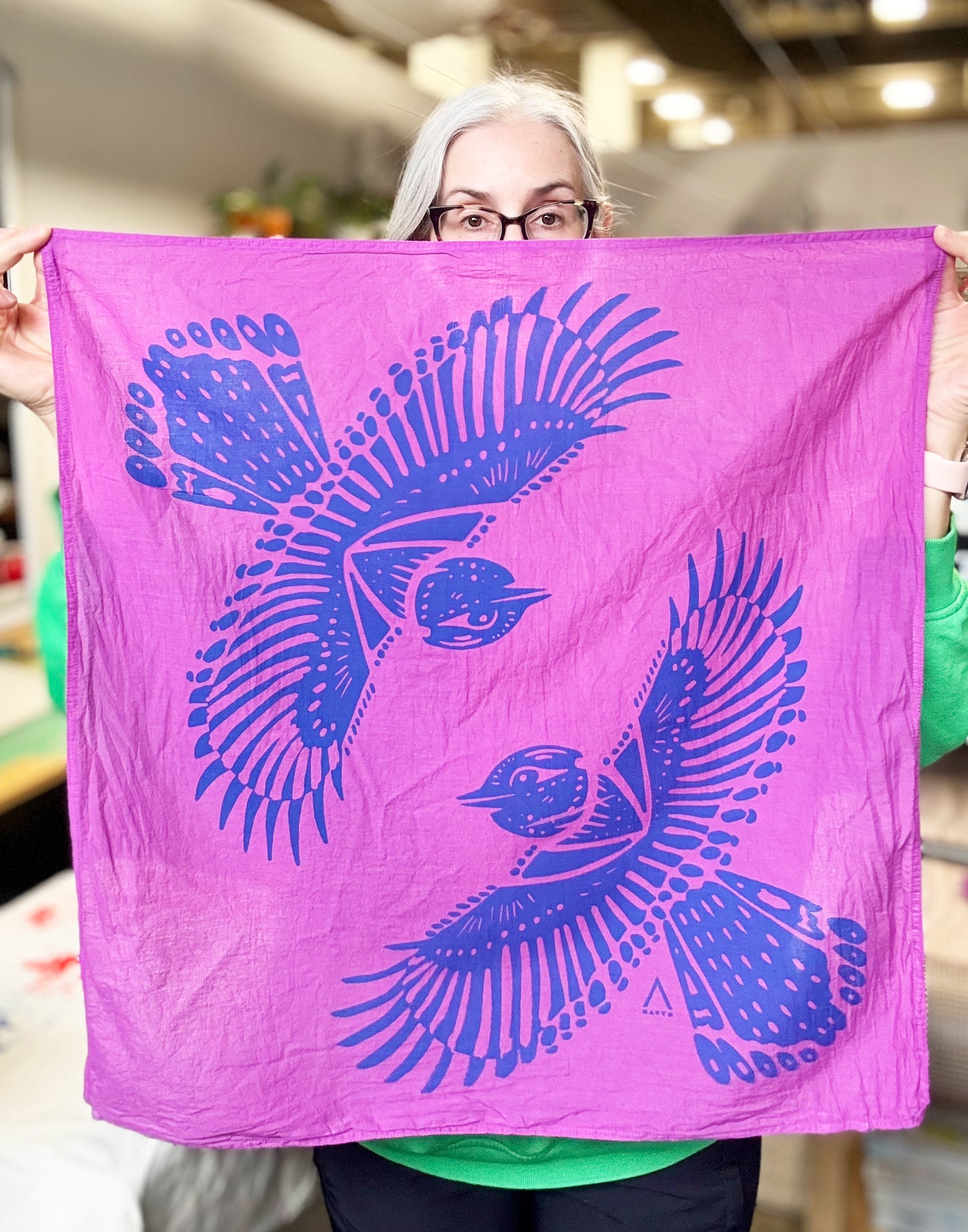 Bird Bandana Blue and Purple | 100% Cotton | Hand Screen Printed | 22 inches
