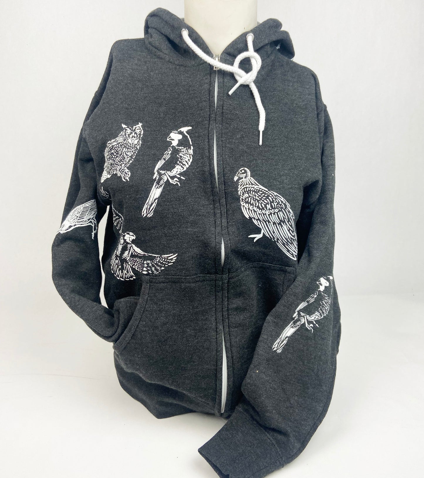 Unisex Zip Hoodie - Birds - Charcoal Grey Light Weight - LIMTED EDITION