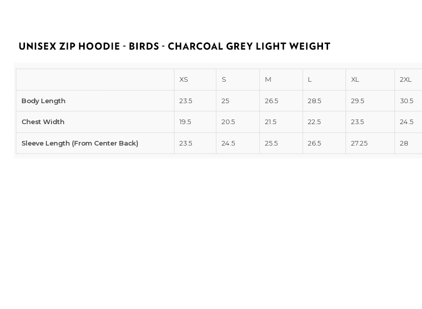 Unisex Zip Hoodie - Birds - Charcoal Grey Light Weight - LIMTED EDITION