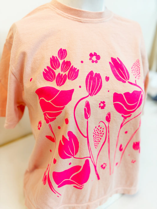 Tshirt Limited Edition NEON PINK FLOWERS Boxy Fit Cotton - Original Screen Print - Women