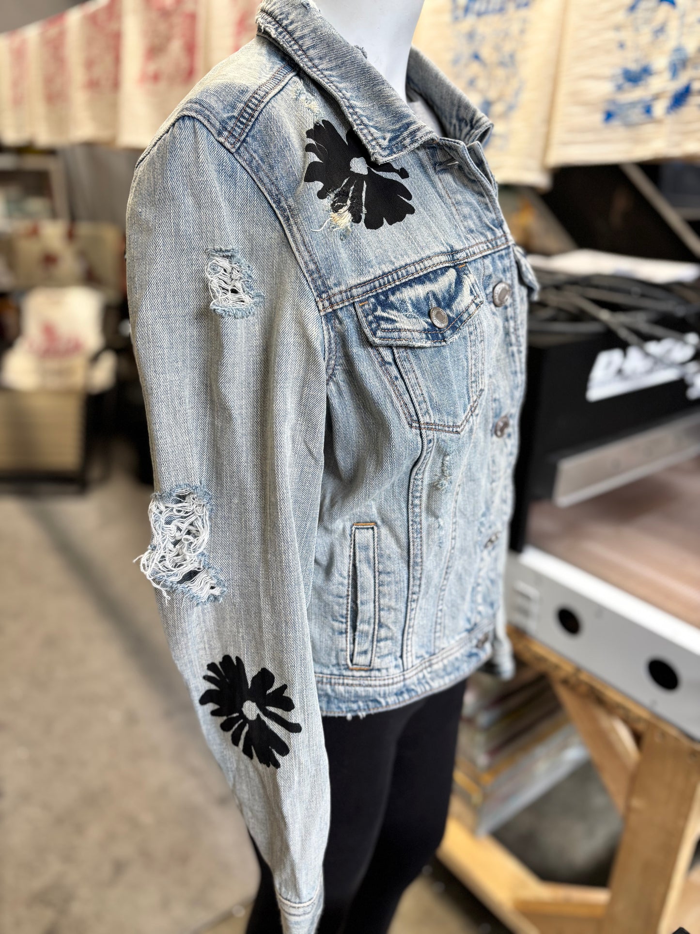 One of a Kind Upcycled Denim Jacket with Hand Printed Flowers