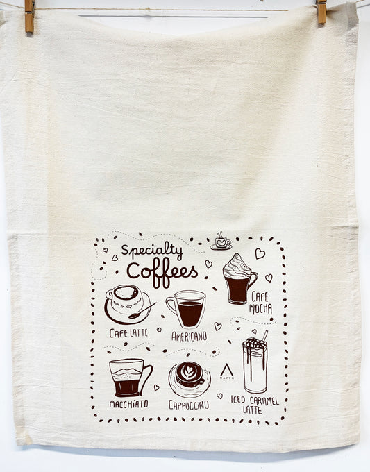 Specialty Coffees Hand Printed Organic Tea Towel