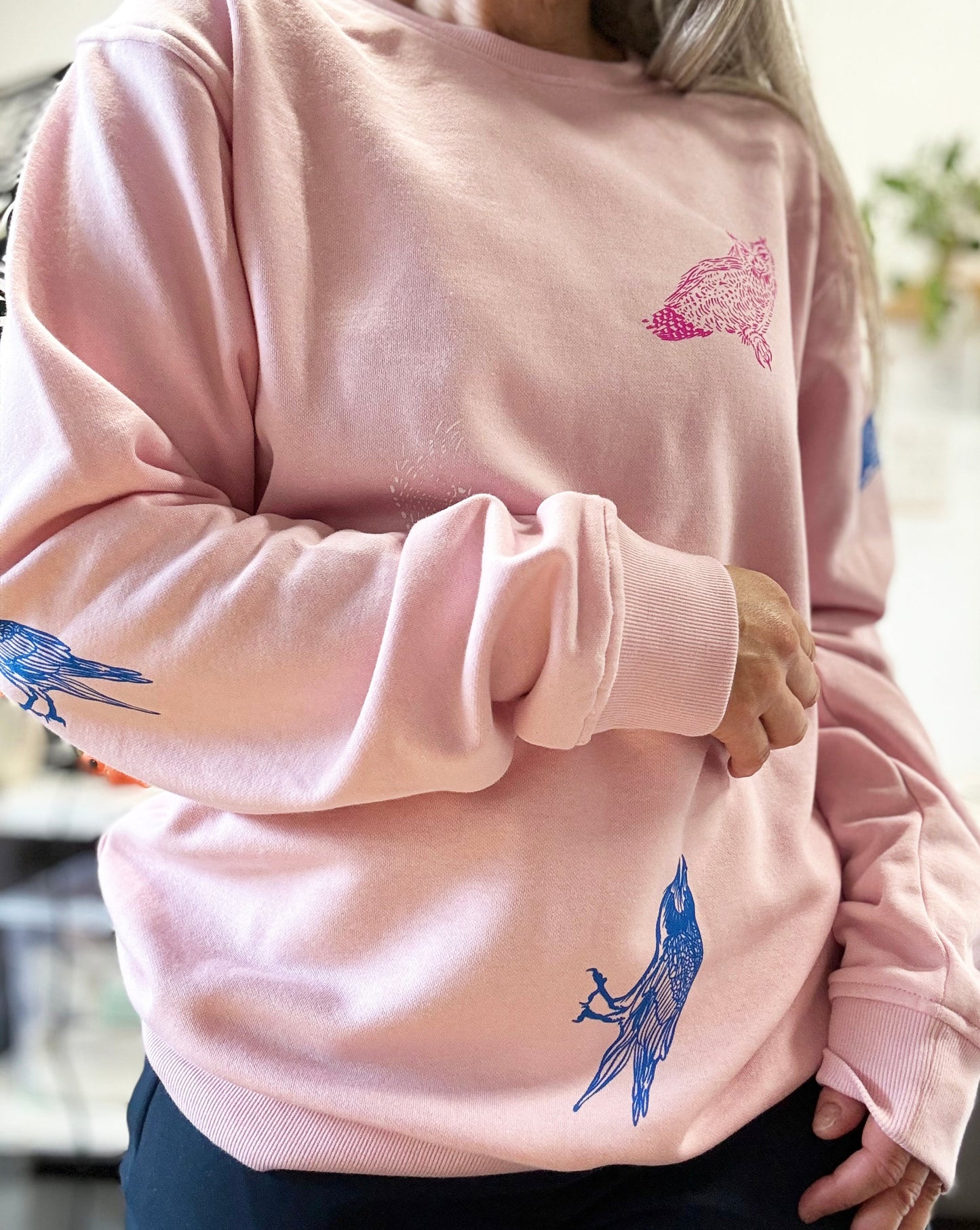 Pink Crewneck - Pink Owl Blue Raven White Hawk - Hand Printed - One of a Kind - Apparel