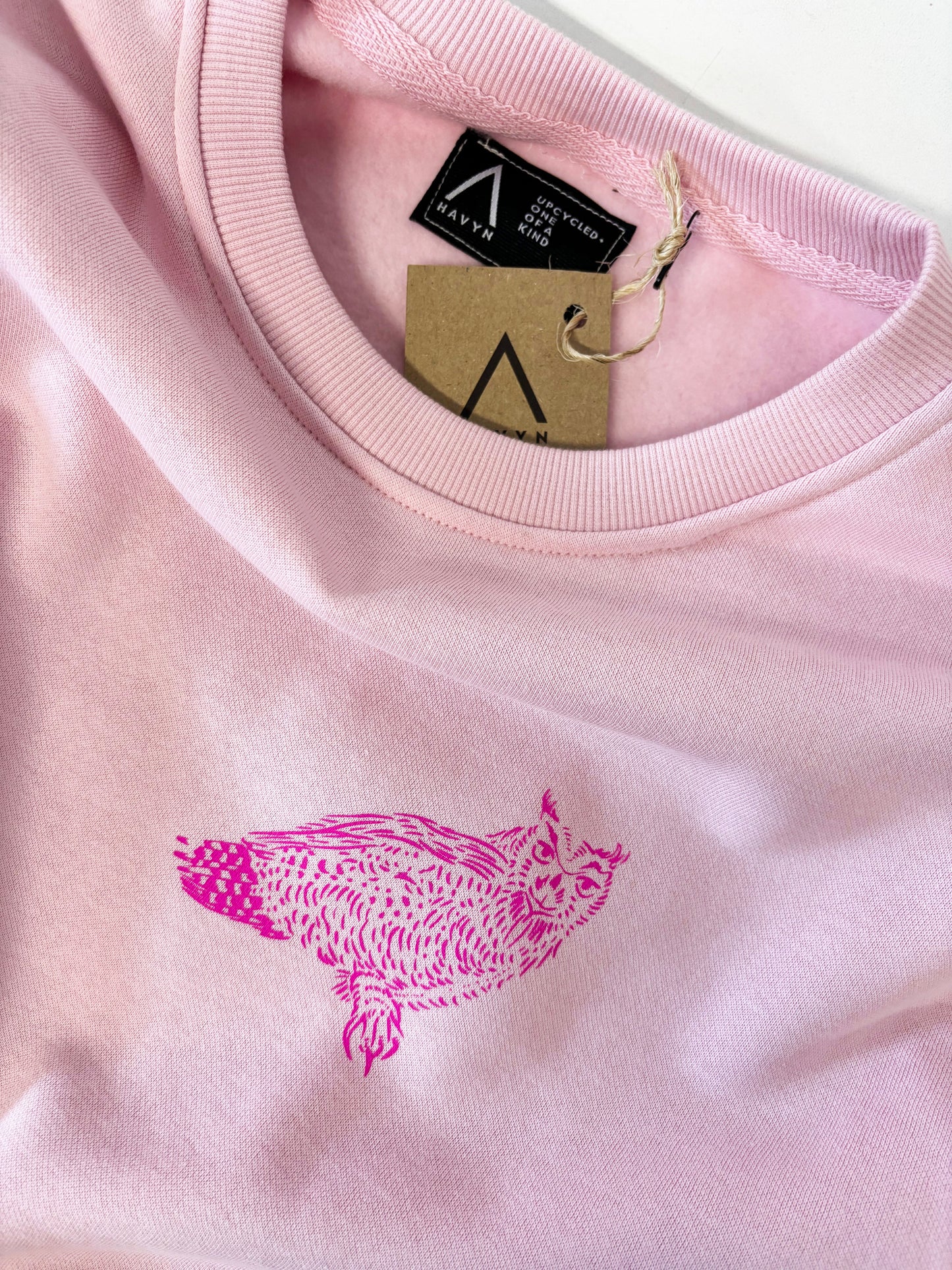 Pink Crewneck - Pink Owl Blue Raven White Hawk - Hand Printed - One of a Kind - Apparel
