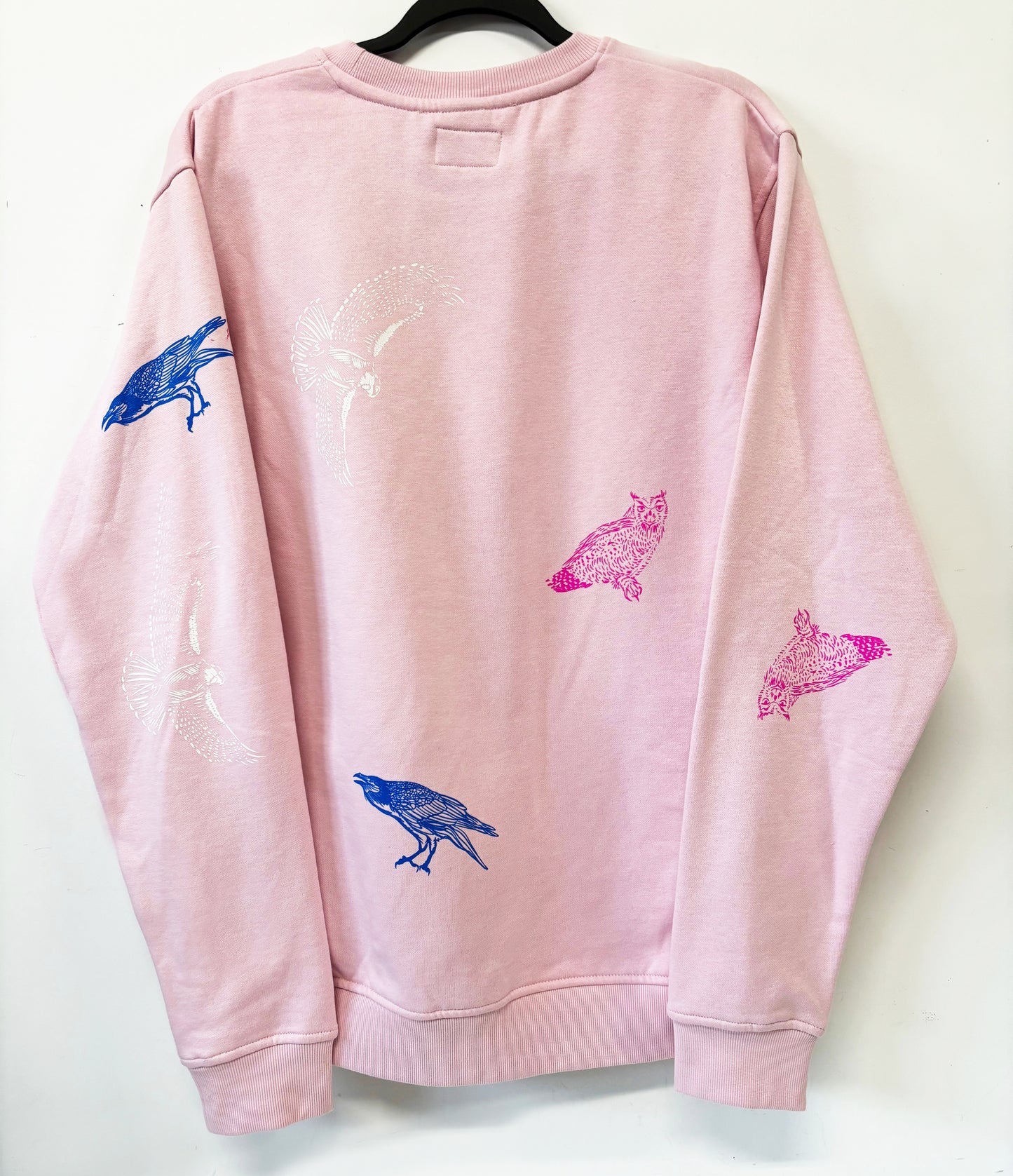 Pink Crewneck - Pink Owl Blue Raven White Hawk - Hand Printed - One of a Kind - Apparel