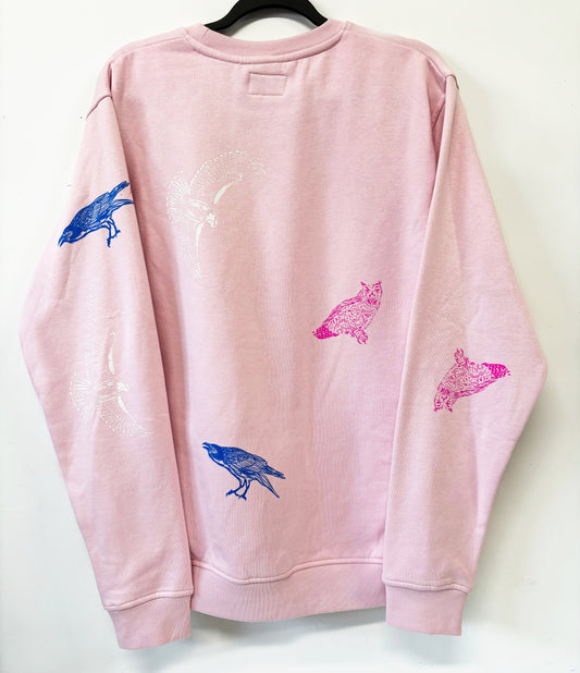 Pink Crewneck - Pink Owl Blue Raven White Hawk - Hand Printed - One of a Kind - Apparel