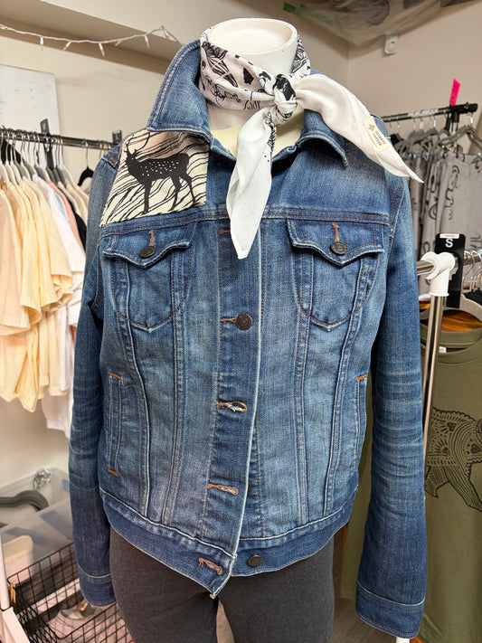 One of a Kind Upcycled Denim Jacket with Hand Printed ELKS