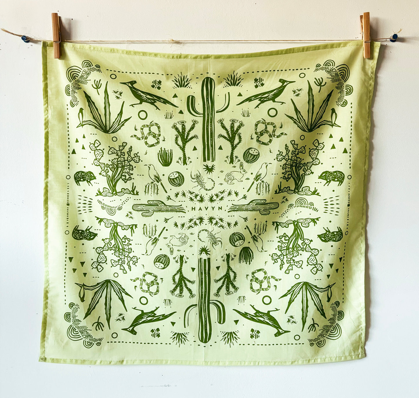 Desert Green Bandana | 100% Cotton | Hand Screen Printed | 22 x22 inches | All-Over Print Bandana
