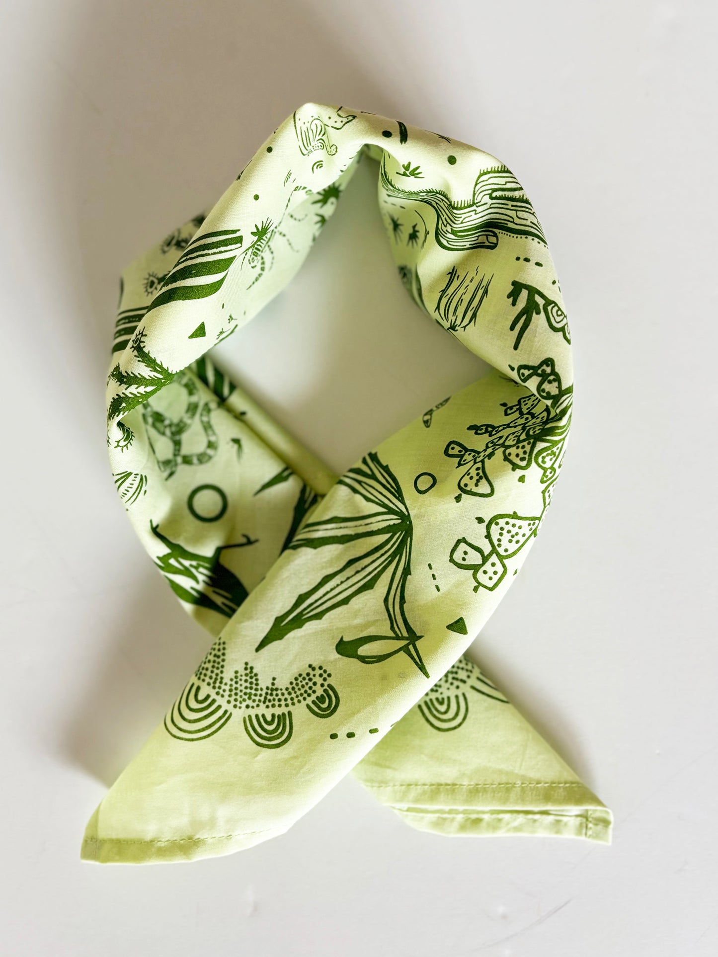 Desert Green Bandana | 100% Cotton | Hand Screen Printed | 22 x22 inches | All-Over Print Bandana