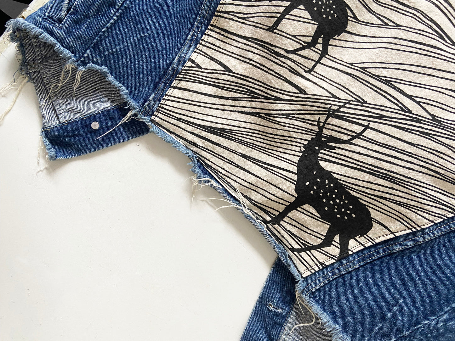 One of a Kind Upcycled Jean Jacket with Hand Printed Elk Sunset Organic Cotton Fabric