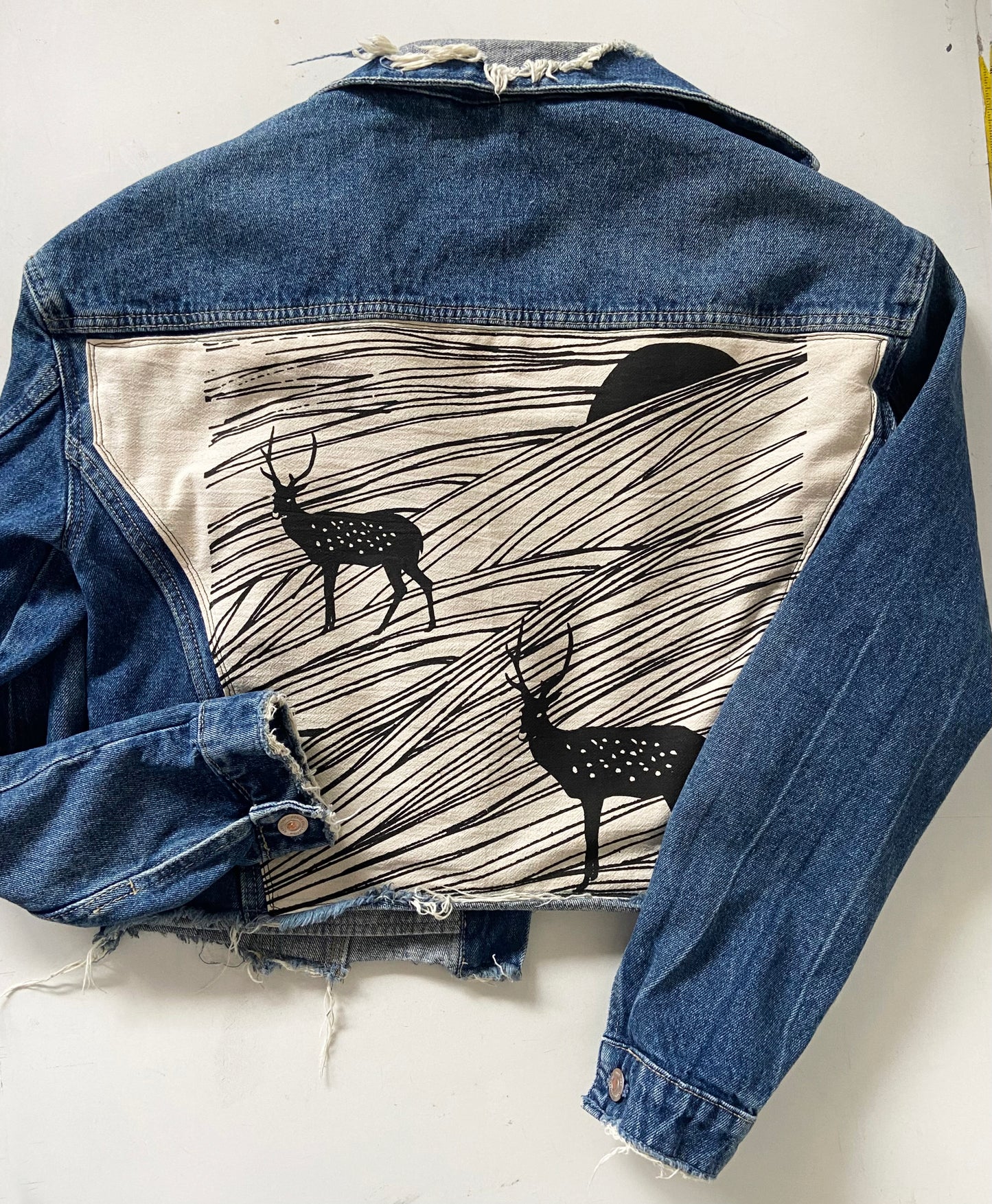 One of a Kind Upcycled Jean Jacket with Hand Printed Elk Sunset Organic Cotton Fabric
